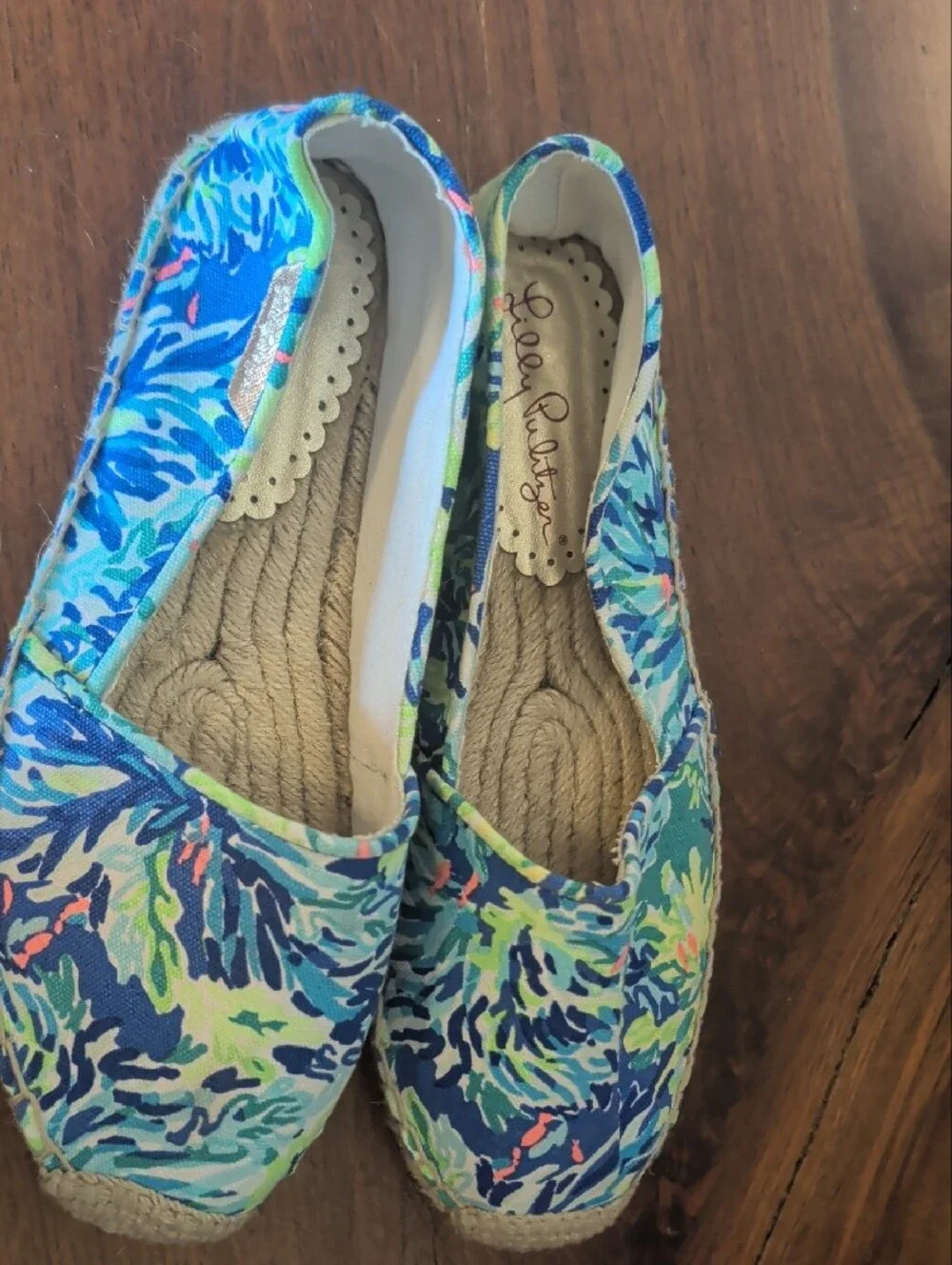 Lilly Pulitzer Blue Floral Canvas Espadrilles with Green & Pink Accents